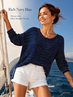 Chico's Navy with Silver Metallic Thread Lightweight Knit Sweater Size 2 NWOT